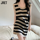 Jret纯欲小众条纹背心裙女夏季2025宽松显瘦无袖镂空连衣裙女 杏色长款 L 110-125斤