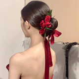 海伊朵绒花新娘套装玫瑰花苞简约气质结婚礼服发饰红色新娘敬酒服头饰 新娘绒布红花【发带+四支8朵花】