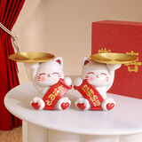 初见喜庆招财猫装饰台灯婚房长明灯结婚礼物送新人新娘陪嫁新婚伴手礼 喜庆招财猫摆件一对【收纳款】