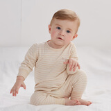 微狮牧尼婴儿保暖内衣秋冬套装纯棉宝宝秋衣秋裤打底衣儿童全棉睡衣两件套 肩开款【双层棕白彩条】 90 【推荐身高86-95cm】
