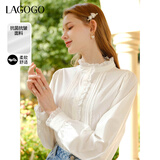 LAGOGO【抗菌抗皱】法式木耳边白衬衫女士拉谷谷春秋长袖立领上衣 本白色(V1) S