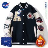 NASADKGM夹克外套男秋冬季新款美式棒球服外套男潮流宽松情侣绣花上衣服 22129深蓝色加绒 XL （建议130-150斤）