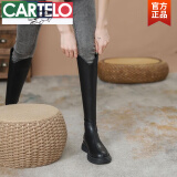 卡帝乐鳄鱼（CARTELO）真软皮不过膝靴子女长筒靴女小个子厚底高筒骑士靴v口棕色长靴女 黑色绒里 37