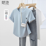 她池正肩T恤2026春夏新款女装简约小狗刺绣短袖圆领上衣