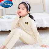 迪士尼德绒保暖儿童内衣套装中领中大童秋冬半高领发热男女童秋衣秋裤 杏色小熊 150