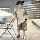 迈兜熊童装男童夏装套装新款夏季休闲儿童节礼物运动短袖t恤工装两件套 卡其色(2322款) 160 建议身高145-155cm