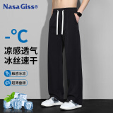 NASA GISS休闲裤男宽松直筒冰丝裤夏季薄款长裤子男装 黑色冰丝 L
