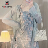 AEMAPE荷叶边雪纺吊带裙仙女裙装2026春夏季新款复古碎花连衣裙女秋季 吊带裙套装 M _建议95-105