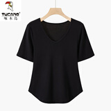 啄木鸟加I肥大尺码女装短袖莫代尔t恤女夏胖m妹上衣V领遮肚子棉半袖 黑色 V/领 XL 建议110-130斤