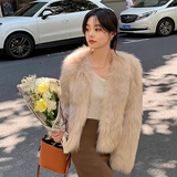 马迪安2023时尚新款秋冬皮草外套女仿狐狸毛短款洋气毛毛外套小香风大衣 奶茶杏色 L 【适合110-125斤】