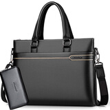 萨奇袋鼠公文包男商务手提包男士大容量办公休闲包男式电脑包单肩斜挎包 横款黑色+手包 14英寸
