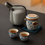 兮元记青花汝窑旅行茶具套装陶瓷便携式单人茶具满花描金珐琅彩快客杯 繁花米黄汝窑天福祥云快客旅行套装