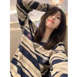 LDBE美式撞色条纹长袖t恤女秋冬2025新款圆领宽松设计感打底衫上衣潮 图片色 XL（120-140斤）