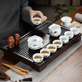 杰艺家用白瓷茶具套装功夫茶具实木茶盘整套陶瓷青花盖碗茶杯托盘茶台 (套装D)玉影荷香+小兰香茶盘
