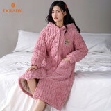 多拉美夹棉睡袍女冬加厚加绒三层夹棉保暖可外穿珊瑚绒女士家居服 L