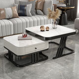 岩板茶几客厅家用茶几桌轻奢风格方形边桌组合可伸缩 黑架白柜【白岩板+白岩板】