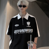 迪伽达短袖t恤男美式复古街头拼接撞色翻领2024年夏季新款polo宽松半袖 OOTD-DT19黑色 XL