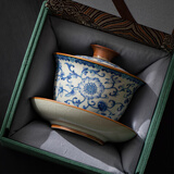 兮元记青花汝窑三才盖碗茶杯单个高档家用国风功夫泡茶碗三件套茶具套装 繁花米黄汝窑纳香盖碗-礼盒装