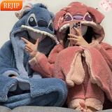 REJIP史迪仔珊瑚绒情侣睡衣女秋冬季款加厚加绒长款睡袍男士家居服套装 蓝色史迪奇套装(上衣+裤子) XL(建议120-140斤)