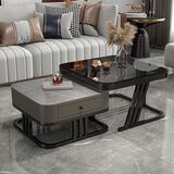 岩板茶几客厅家用茶几桌轻奢风格方形边桌组合可伸缩 黑架灰柜【灰岩板+黑玻璃】