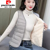 皮尔卡丹冬季羽绒马甲女加绒新款轻薄修身内外穿V领保暖贴身背心 浅灰色 浅灰色 款式偏小 L 建议95-105斤