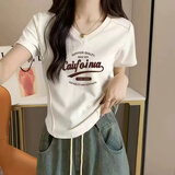 翎悦短袖t恤女V领夏季新款显瘦修身不规则下摆半袖体恤休闲短款上衣潮 白色-caifo L 建议100-115斤