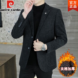 皮尔卡丹品牌男装春秋新款毛呢西服男商务休闲单外套夹克男士小西装上衣潮 1号色加棉款 2XL
