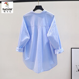 啄木鸟棉衬衫女小清新浅绿色2025夏季新款韩版单口袋宽松休闲衬衣上衣 浅蓝色 M 105斤以内