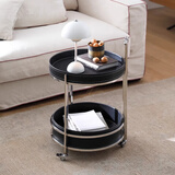 宅家纪北欧简约圆形客厅可移动推车沙发边几轻奢多功能储物马鞍皮零食车 黑色马鞍皮-亮银色不锈钢-圆形