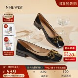 NINE WEST/玖熙低跟单鞋牛漆皮浅口方头金属饰扣工作女鞋NF445006FK 黑色37