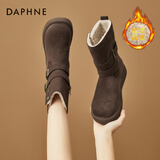 达芙妮加绒雪地靴女新款冬季保暖抗寒学生厚底中长筒增高棉靴 咖啡色 37