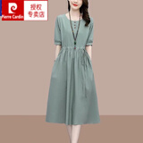 皮尔卡丹（pierre cardin）气质连衣裙2025年新款夏季女中长款收腰显瘦遮肚a字短袖色裙子 豆绿色 XL 建议118-132斤