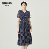 深呼吸DEEP BREATH女装法式V领网纱弹力松紧腰印花连衣裙A500294 蓝白 2XL (6)