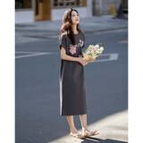 德玛纳【215G珠地网眼】夏季气质字母印花宽边翻折袖圆领宽松连衣裙