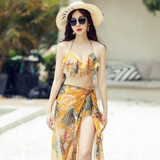 DK游泳衣女性感比基尼三件套大小胸聚拢保守遮肚显瘦泳装温泉 L