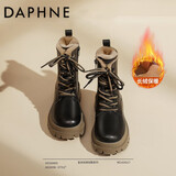 达芙妮秋冬真皮马丁靴女2025最新款厚底增高英伦风短靴加绒加厚雪地靴女 黑卡其【超厚绒】 36