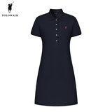 POLOWALK女士短袖连衣裙夏季新款中长款修身运动纯色polo裙 藏青色 XL (170)