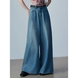 EGGKA蓝色阔腿牛仔裤女夏新款休闲时尚气质宽松垂感显瘦直筒长裤 蓝色（不含皮带）E24B1058AF L