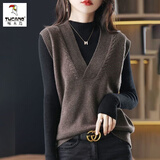 啄木鸟羊毛针织衫马甲女2025新款洋气显瘦短款v领马夹叠穿外搭毛衣背心 驼色 3XL 140-160斤
