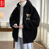 嘉牧奢羊羔毛加绒加厚棉服男秋冬季情侣棉衣宽松潮流学生外套男潮牌棉袄 990黑色 2XL