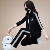 言衣庭气质运动套装女春秋装显瘦卫衣品牌跑步服饰广场舞蹈妈妈装运动服 纯黑色-亲肤舒适棉 3XL(适合130-145斤)