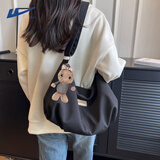 回力包包女韩版休闲大容量2025新款时尚百搭帆布单肩斜挎包质感饺子包 黑色【兔子挂件】