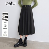 百图betu女装冬季新款半身裙风琴折设计配腰带A型裙子女2410T75 深灰 M