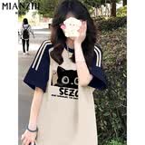 棉致重磅拼接三条杠圆领短袖t恤女夏季宽松休闲五分袖半袖薄款上衣 猫头藏青拼杏【P48高品质23.5】 L 100-115斤