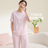 康妮雅纯棉睡衣短袖套装女夏季七分裤新款薄款休闲甜美可外穿家居服 珍珠粉 M 推荐155-165cm/45-58kg