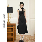 香蕉宝贝（BANANA BABY）2024夏季新款复古法式吊带连衣裙女纯色收腰a字中长裙D242LY981 黑色 M