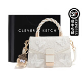 CLEVER & KETCH新中式手提包包女包斜挎包蕾丝刺绣小方包单肩包生日礼物送老婆 米白色