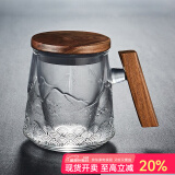 容山堂玻璃茶杯耐热茶道杯子茶水分离泡茶杯带盖大容量过滤花茶杯办公 浮雕海浪纹木把玻璃泡茶杯
