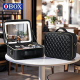 OBOX带镜子带灯美拉德风旅行化妆包美妆用品分类收纳包护肤品收纳盒 耀石黑_大号12寸【菱格2代】