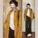西儿美式复古衬衫黄色格子多巴胺外套男女春秋装衬衣春秋下摆毛边开衫 M90-110斤